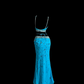 Blue halter-neck backless sexy fitted ball gown R6635