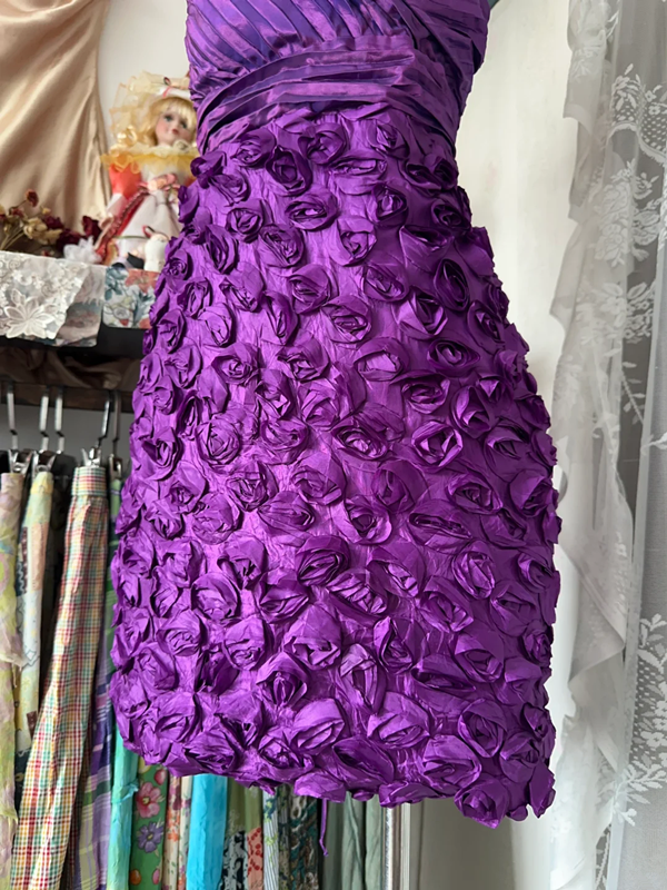 Purple asymmetrical neckline, fitted waist, bodycon mini skirt, prom dress R6354