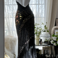 Black halter-neck, fitted waist, bodycon sexy long ball gown R7669