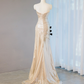 Light champagne-colored strapless, fitted, sexy long ball gown R9031
