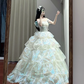 White off-the-shoulder, fitted waist, tiered, full skirt, long ball gown R8638