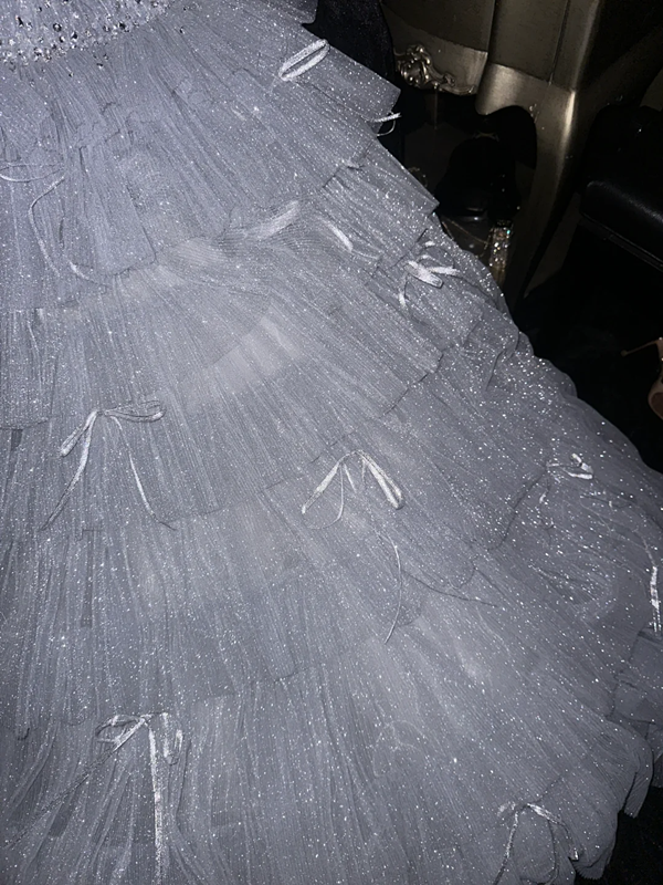 White strapless fitted waist tulle dress, princess-style long ball gown R6914