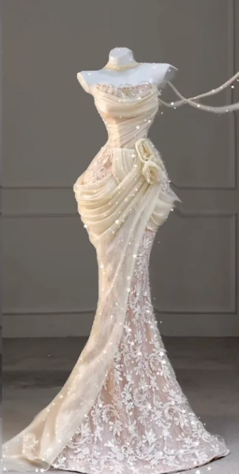 Light Pink Strapless Waist-Cinched Slim-Fit Lace Sexy Skirt Ball Gown , Bridal Gown R7153