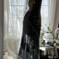 Black halter-neck, fitted waist, bodycon sexy long ball gown R7669