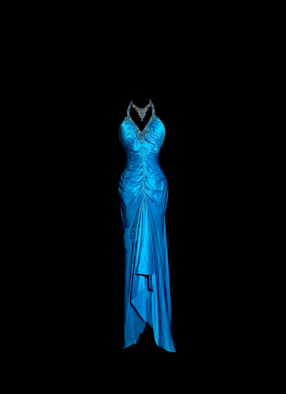 Blue halter-neck, fitted waist, pleated, revealing hips, sexy long ball gown R6675