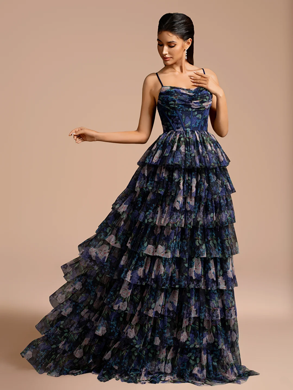 Dark blue floral print halter top with a fitted waist and a tiered skirt, long ball gown R8881