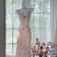 Pink floral print halter-neck fitted bodycon long ball gown R6555