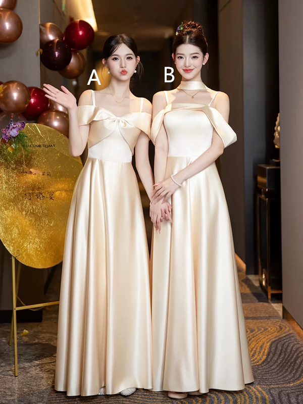 Champagne satin slim waist elegant ball gown, bridesmaid dress R5995