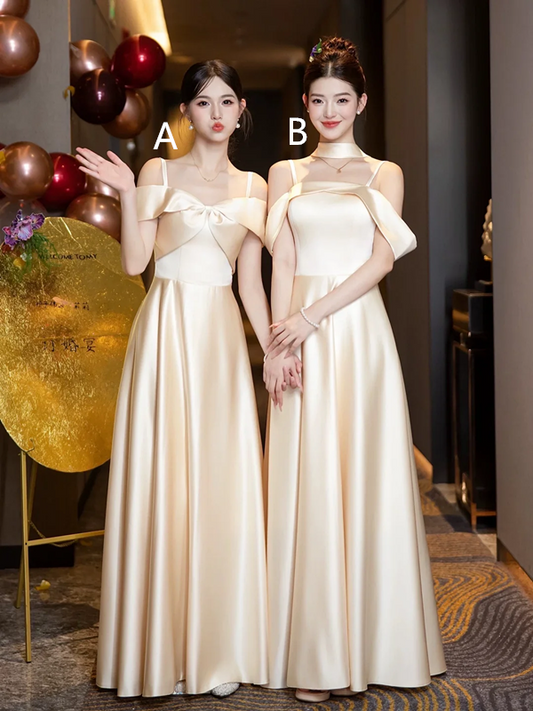 Champagne satin slim waist elegant ball gown, bridesmaid dress R5995