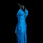 Blue halter-neck, fitted waist, pleated, revealing hips, sexy long ball gown R6675