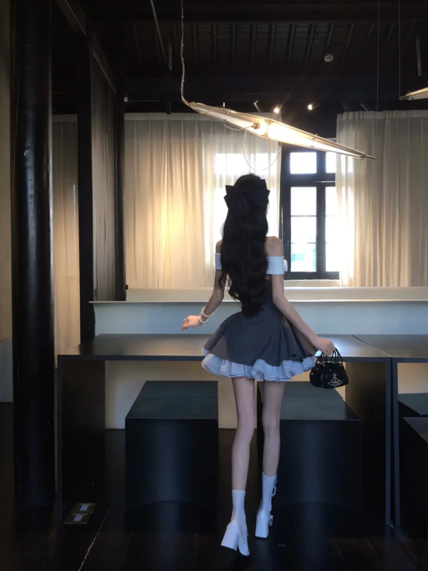 Gray tube top waist slim fit A-line high-end puffy skirt homecoming dress R5064