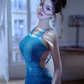 Sexy blue halter-neck, fitted waist, backless, and slit ball gown R7074
