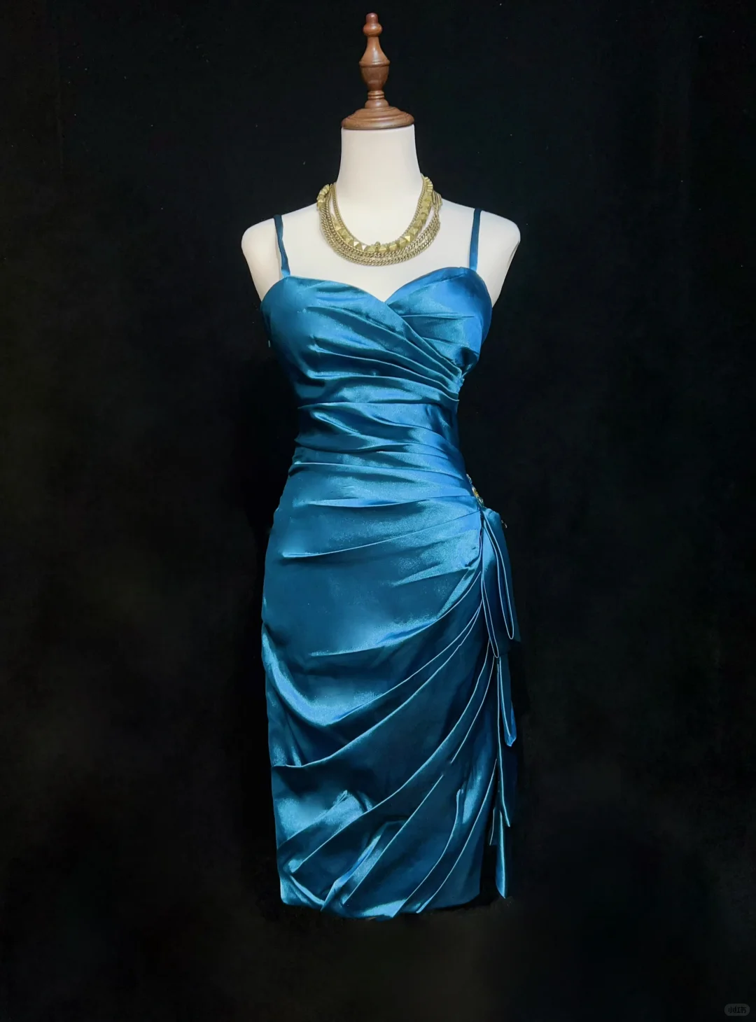 Blue suspenders waist design pleated slim hip-hugging mid-length skirt homecoming dress R4942