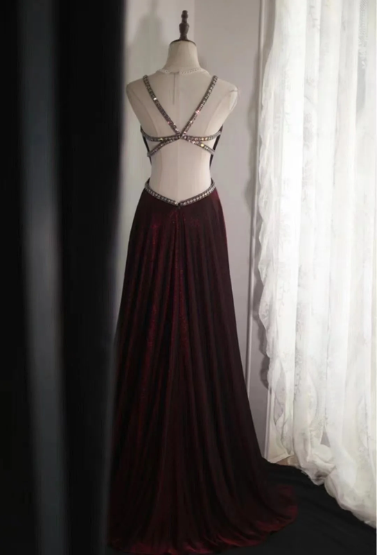Deep red halter V-neck sexy fitted long ball gown R6715