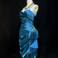 Blue suspenders waist design pleated slim hip-hugging mid-length skirt homecoming dress R4942