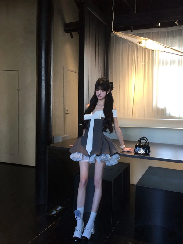 Gray tube top waist slim fit A-line high-end puffy skirt homecoming dress R5064