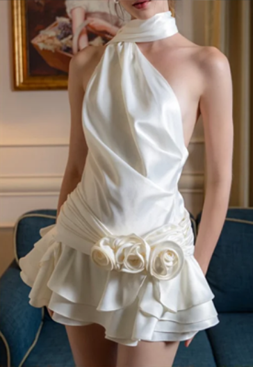 White satin halterneck sexy cake skirt short skirt homecoming dress R4453