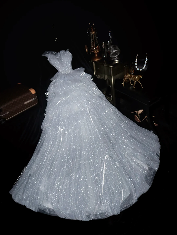 White strapless fitted waist tulle dress, princess-style long ball gown R6914