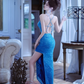 Sexy blue halter-neck, fitted waist, backless, and slit ball gown R7074