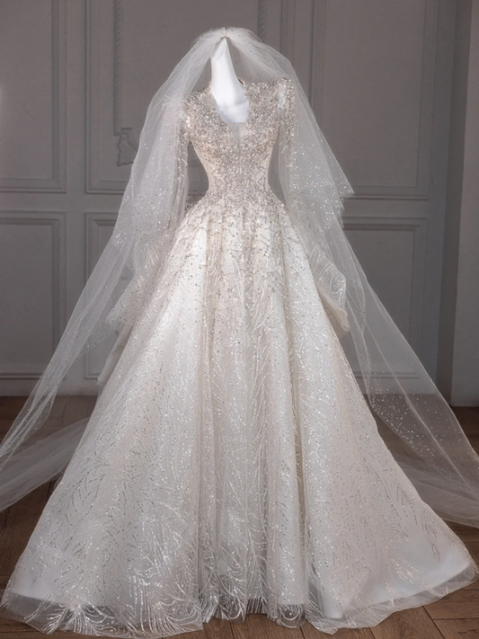 White V-neck long sleeve diamond waist slim fit puffy skirt long dress bridal gown R5837