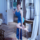Sexy blue halter-neck, fitted waist, backless, and slit ball gown R7074