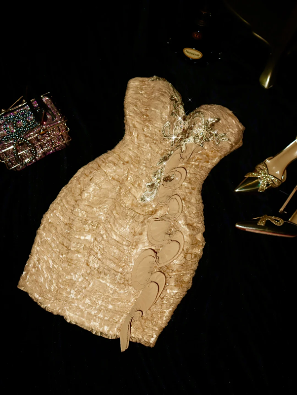 Yellow strapless fitted waist sexy short ball gown R6873