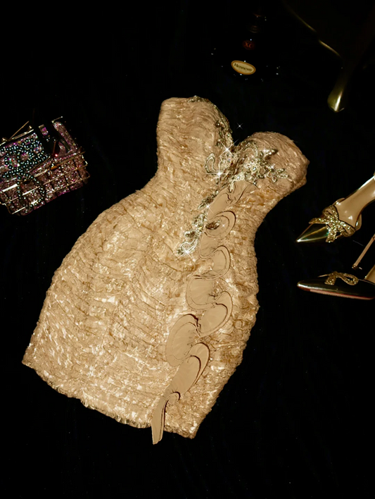 Yellow strapless fitted waist sexy short ball gown R6873