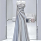 Gray halter-neck fitted long ball gown R6475