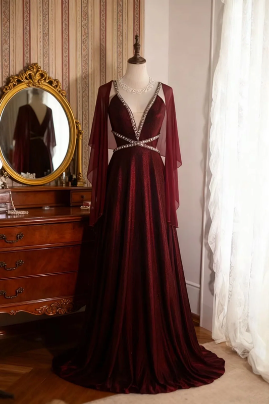 Deep red halter V-neck sexy fitted long ball gown R6715