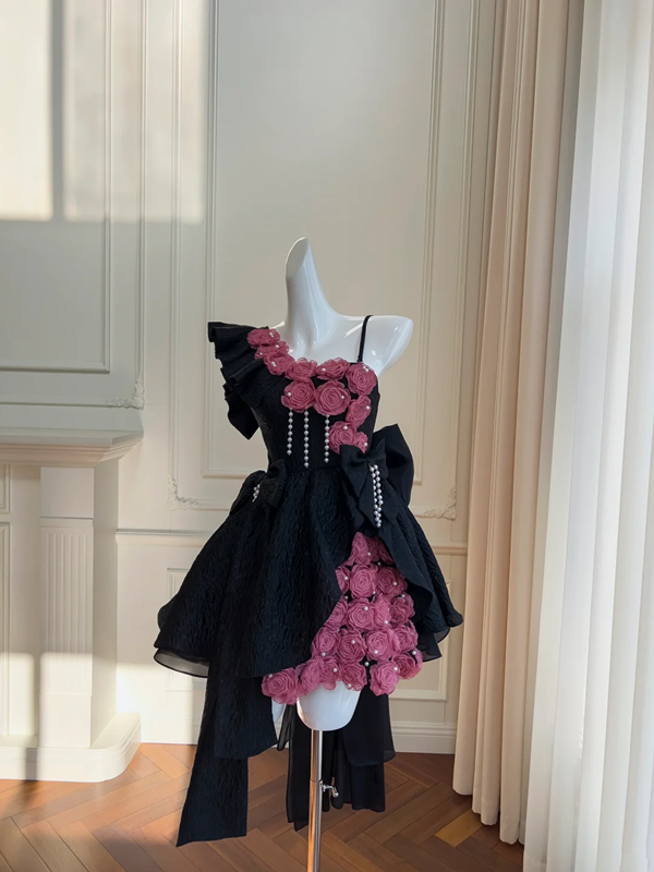 Black off-shoulder strap waist rose three-dimensional flower A-line puffy skirt homecoming dress R5024