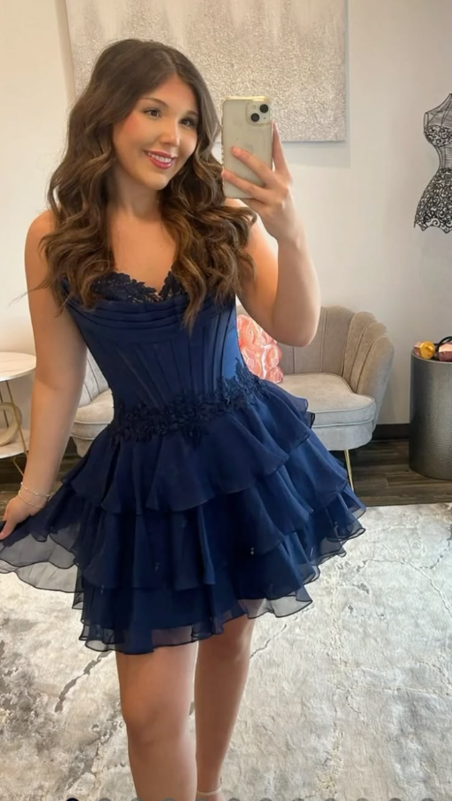 Ruffled Chiffon Women's Homecoming Dress Navy Corset Short Prom Dress Party Dress RS2480