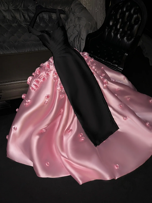 Black halter-neck fitted dress paired with a pink long ball gown with a train, bridal gown R8791