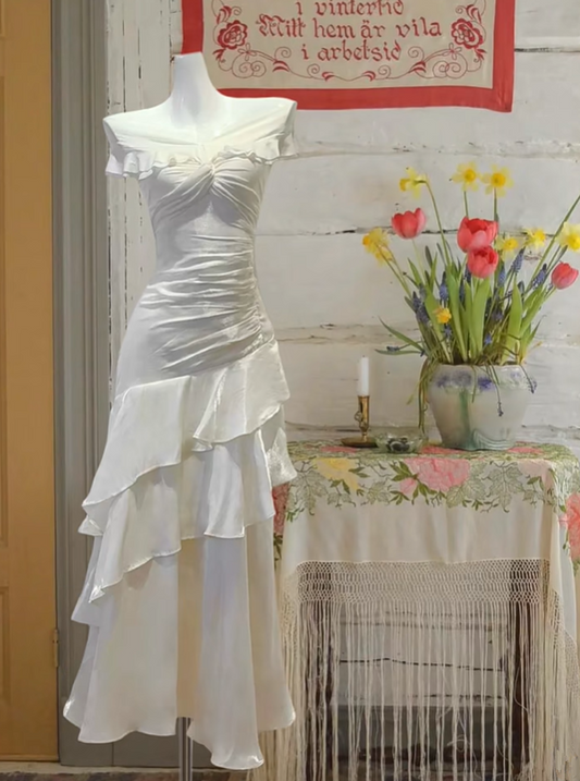 White satin slim waist pleated ruffle skirt long dress, ball gown R6236