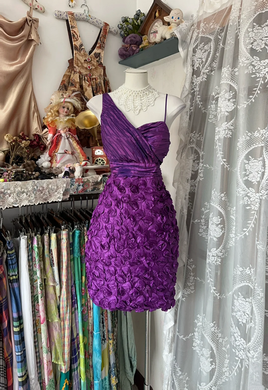 Purple asymmetrical neckline, fitted waist, bodycon mini skirt, prom dress R6354