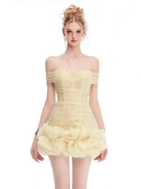 Light yellow one-shoulder slim-fitting hip-hugging miniskirt homecoming dress R4373