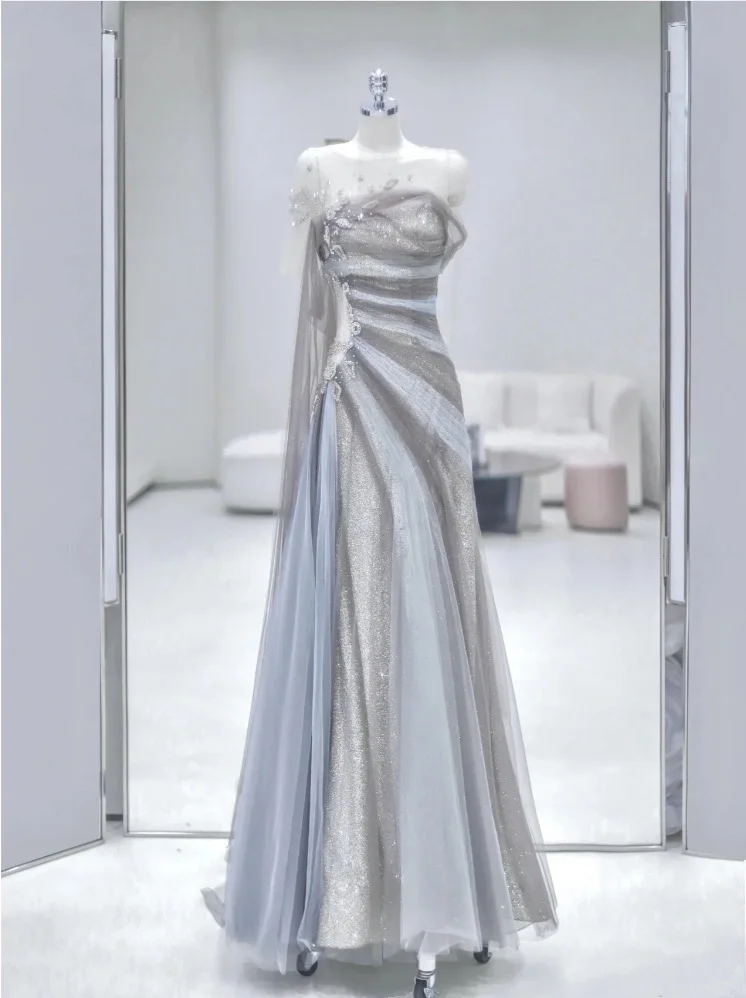 Gray halter-neck fitted long ball gown R6475