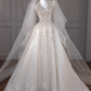 White V-neck long sleeve diamond waist slim fit puffy skirt long dress bridal gown R5837