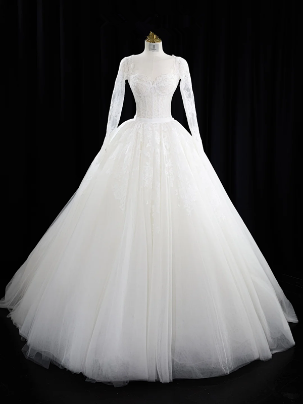 White square-neck, fitted waist, full skirt, long ball gown, bridal dress R8941