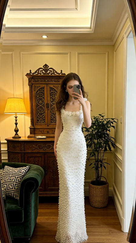 White vintage floral halter top with pearl embellishments, fitted waist, bodycon long ball gown, bridal gown R8577