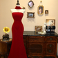 Red strapless fitted waist elongated wedding dress R6595