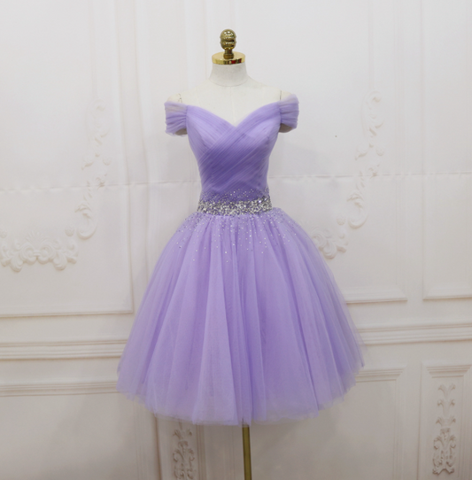 Minimalist Purple Homecoming Dress ,Tulle Beaded Corset Short Prom Dress RS1671