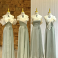 Light green satin waist-cinched, slim-fit and figure-flattering ball gown, bridesmaid dress R5956