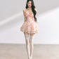 Pink floral suspenders slim waist A-line short skirt homecoming dress R5285