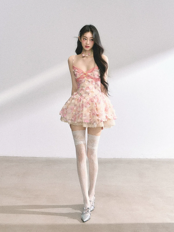 Pink floral suspenders slim waist A-line short skirt homecoming dress R5285