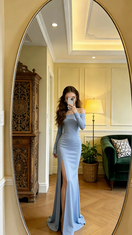 Light blue off-the-shoulder fitted waist slim hip body mermaid skirt elegant ball gown R8607