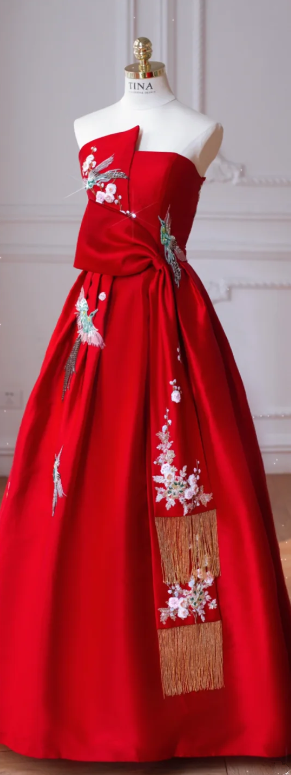 Red Tube Top Fitted-Waist Slim-Fit A-Line Hem Long Prom Dress / Bridal Gown R5914