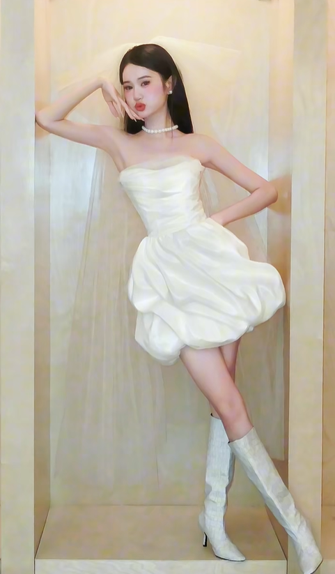 White tube top waist small flower bud design skirt cute short skirt homecoming dress R4212