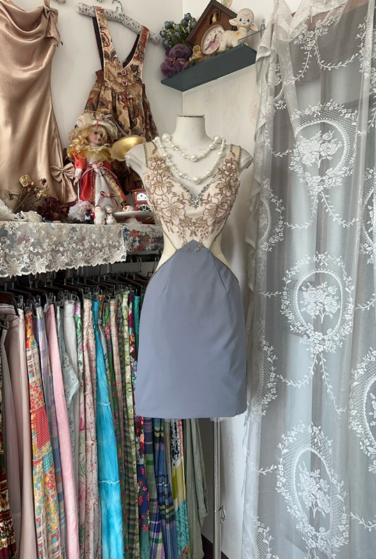 Retro stitching beaded waist slim hip short skirt ball gown R6196