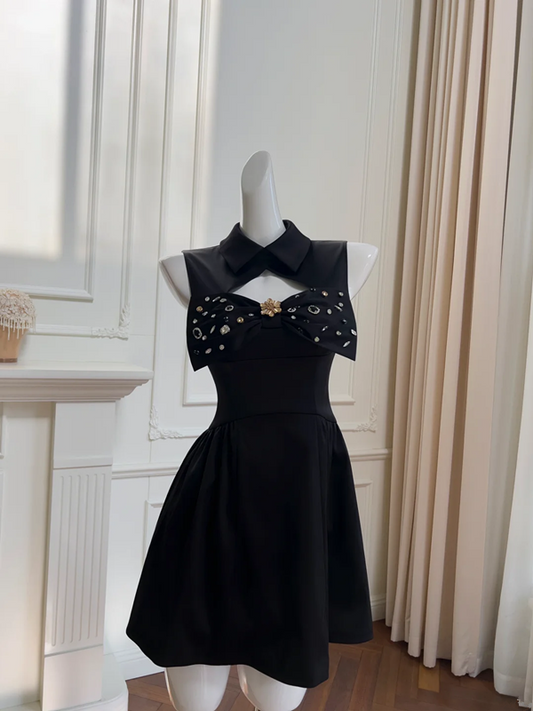 Black sleeveless mandarin neckline waisted A-line mini dress for homecoming R5204
