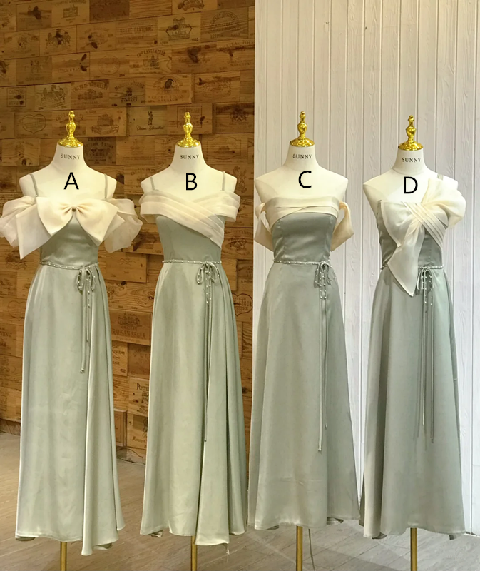 Light green satin waist-cinched, slim-fit and figure-flattering ball gown, bridesmaid dress R5956